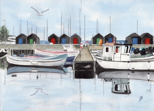 Poster DIN-A4 Aquarell Maritim Kunst Druck Kunstdruck  Dänemark Danmark  Aaro - Aro - Arø - Aarø 2 - Boote im Hafen